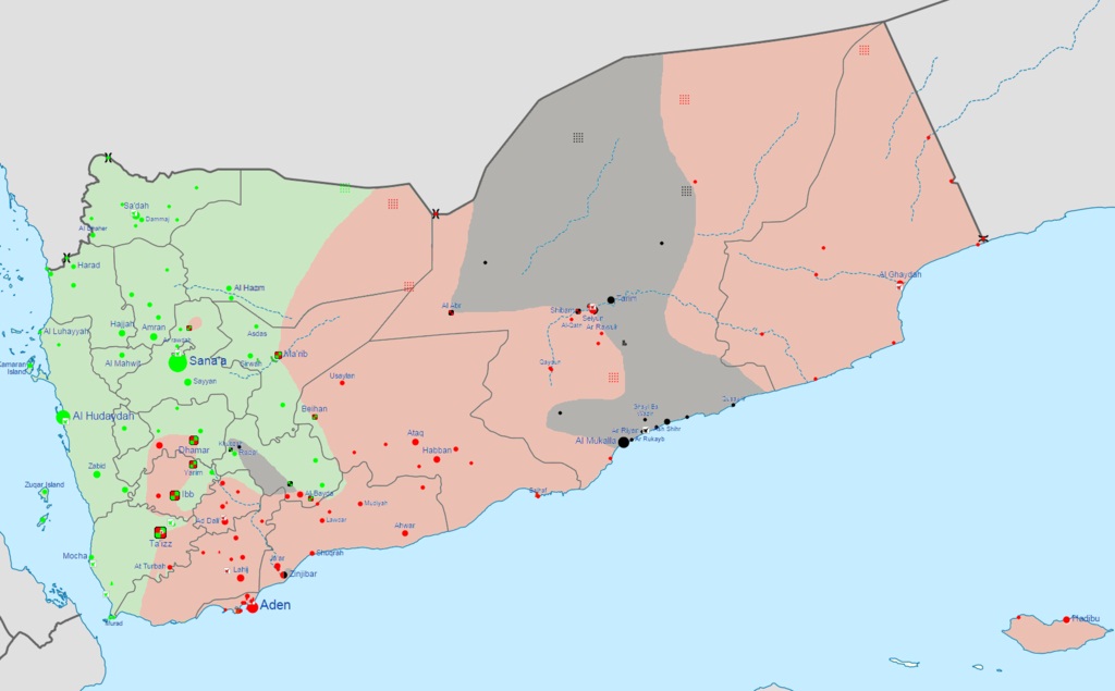 In verde le aree in mano ai ribelli Houthi, in rosa quelle controllate dai lealisti, in grigio Ansar al Sharia/Aqap. Aggiornata al 16 agosto 2015.