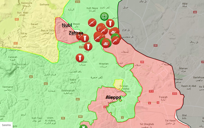 Situazione fino fino al 3 febbraio: in giallo i curdi siriani del Ypg, in rosso le forze del regime di Assad, in verde i ribelli, in grigio l'Isis. Si possono notare le cittadine di Nubl e Zahraa isolate dal resto del territorio in mano ai lealisti. 