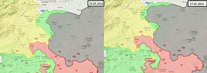 Cartina 1. “Le conseguenze dell’attacco dell’Isis di fine maggio contro i ribelli filo-turchi tra Azaz e Mare. Ribelli in verde, Isis in grigio, curdi siriani in giallo, lealisti di Assad in rosso”