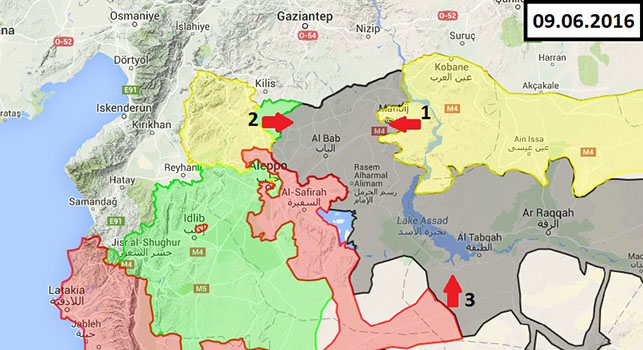  Cartina 3. “Isis in difficoltà: sulla cartina sono segnate le tre direttrici d’attacco dell’ultima settimana. A nord-est i curdi (in giallo) col sostegno Usa, a nord-ovest i ribelli filo-turchi (in verde) e a sud i lealisti (in rosso) appoggiati dai russi, tutti stanno attaccando lo Stato Islamico (in grigio)”
