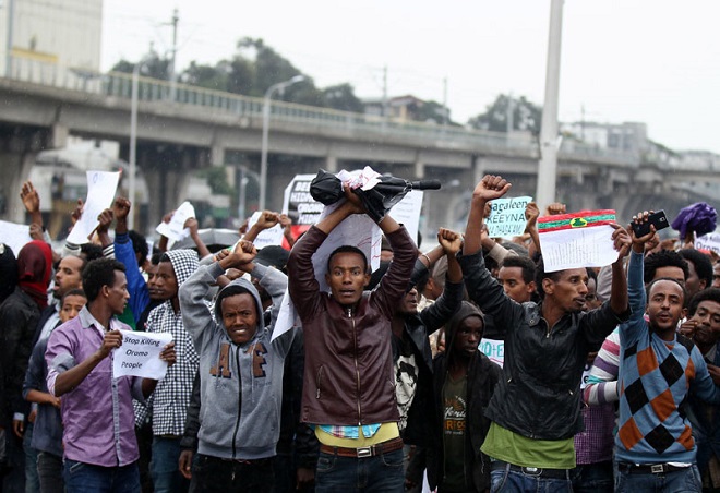 Protesters chant slogans during a demonstration over what they say is unfair distribution of wealth in the country at Meskel Square in Ethiopia’s capital Addis Ababa. REUTERS/Tiksa Negeri
