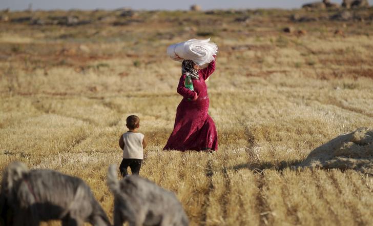 Una donna siriana trasporta sacchi sulla testa mentre lavora in un campo di grano nella campagna di Idlib, Maarshamsha, 31 maggio 2015. REUTERS/Khalil Ashawi