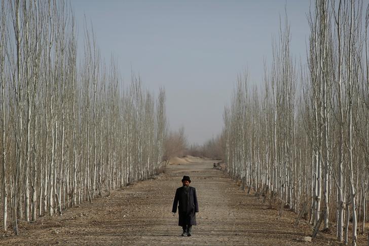 Un uomo di etnia uigura cammina lungo il sentiero che porta alla tomba dell'Imam Asim nel deserto di Taklamakan nella regione autonoma dello Xinjiang Uiguro, Cina, 21 marzo 2017. REUTERS / Thomas Peter