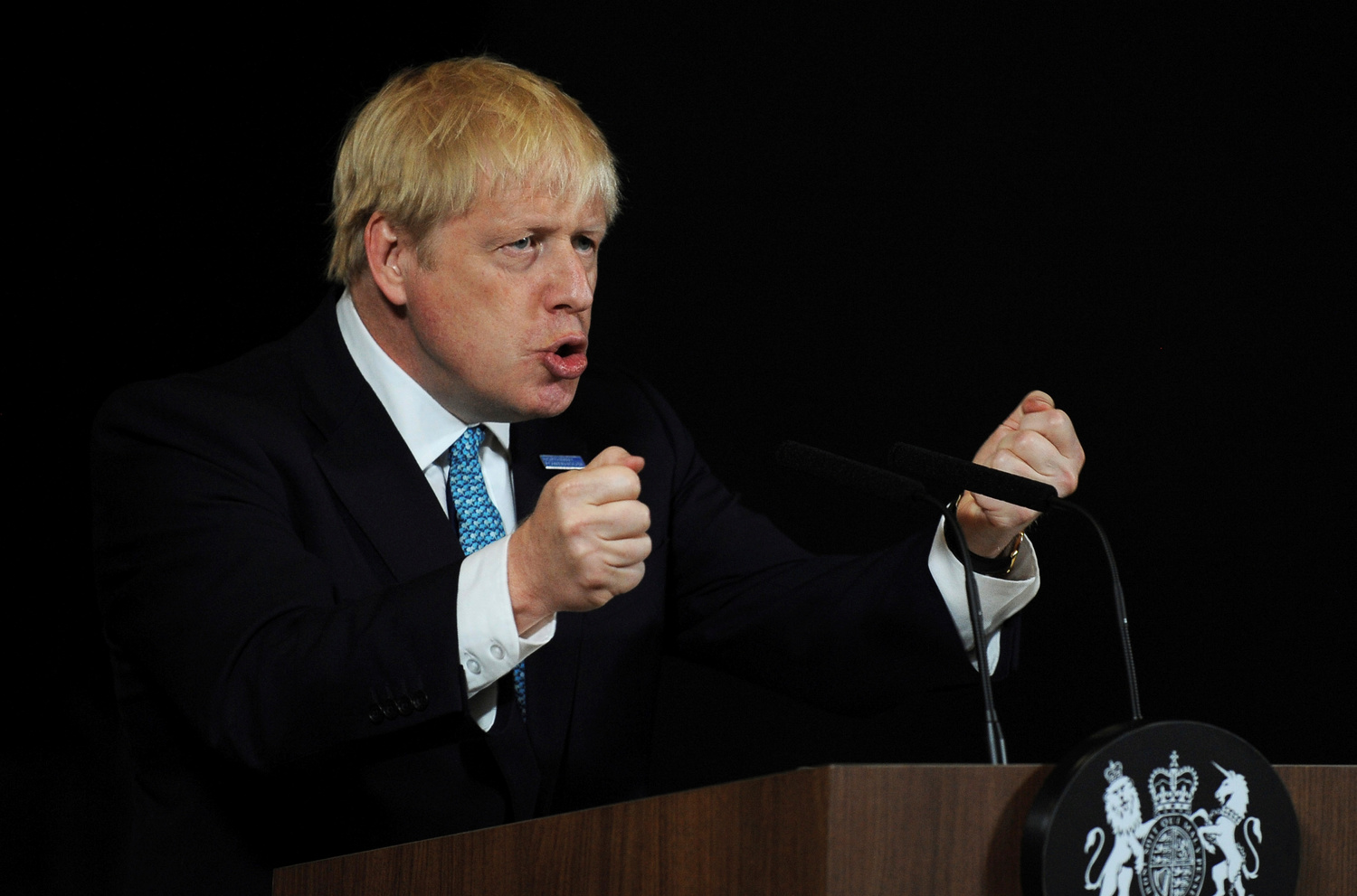 Il Primo Ministro Boris Johnson durante un suo intervento a Manchester, Gran Bretagna, 27 luglio 2019. Rui Vieira/Pool via REUTERS