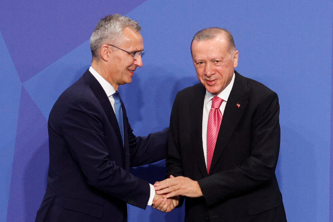 Il Segretario generale della Nato Jens Stoltenberg e il Presidente turco Recep Tayyip Erdogan si stringono la mano durante il vertice Nato a Madrid, in Spagna, il 29 giugno 2022. REUTERS/Susana Vera